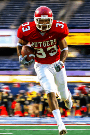 Jason Nugent in action as a Rutgers University football player, playing Running Back and Free Safety, showcasing teamwork and determination now reflected in his approach to commercial painting projects.